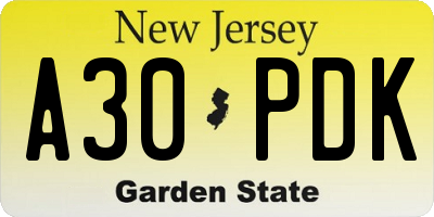 NJ license plate A30PDK