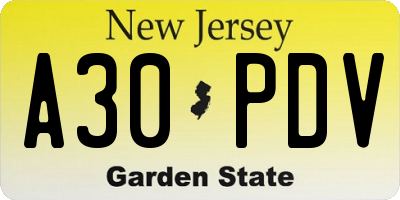 NJ license plate A30PDV