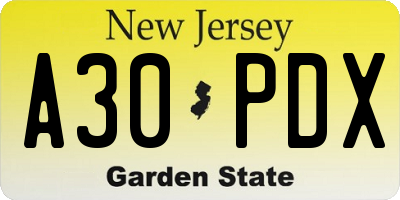 NJ license plate A30PDX