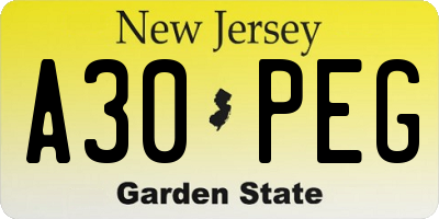 NJ license plate A30PEG