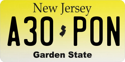 NJ license plate A30PON