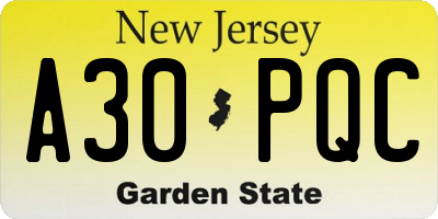 NJ license plate A30PQC
