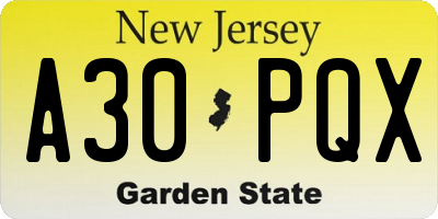 NJ license plate A30PQX