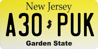 NJ license plate A30PUK