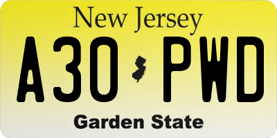 NJ license plate A30PWD