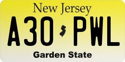 NJ license plate A30PWL