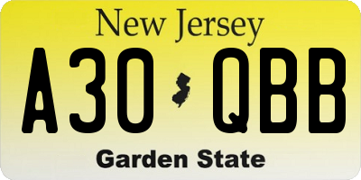 NJ license plate A30QBB