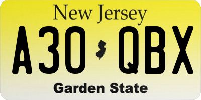 NJ license plate A30QBX
