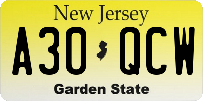 NJ license plate A30QCW