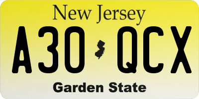 NJ license plate A30QCX