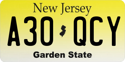 NJ license plate A30QCY