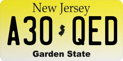 NJ license plate A30QED