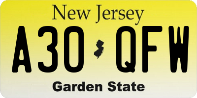 NJ license plate A30QFW