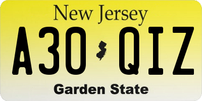 NJ license plate A30QIZ