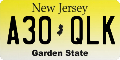 NJ license plate A30QLK
