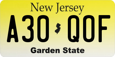 NJ license plate A30QOF