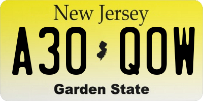 NJ license plate A30QOW