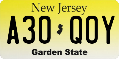 NJ license plate A30QOY