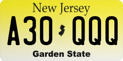 NJ license plate A30QQQ