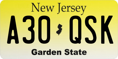 NJ license plate A30QSK