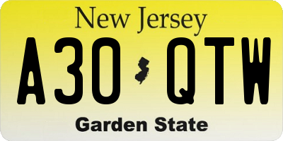 NJ license plate A30QTW
