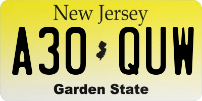 NJ license plate A30QUW