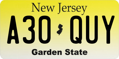 NJ license plate A30QUY