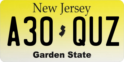 NJ license plate A30QUZ