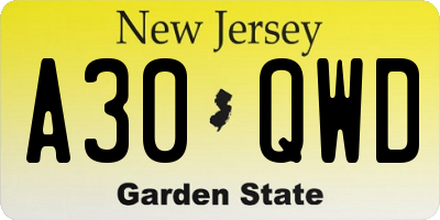NJ license plate A30QWD