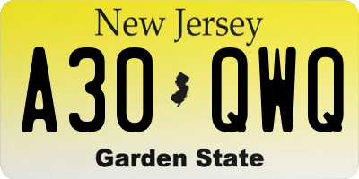 NJ license plate A30QWQ