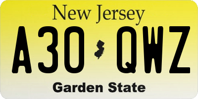 NJ license plate A30QWZ