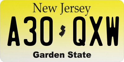 NJ license plate A30QXW