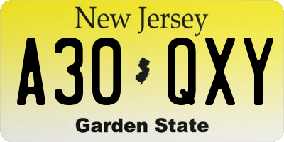 NJ license plate A30QXY