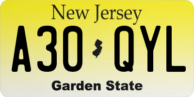 NJ license plate A30QYL
