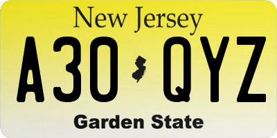 NJ license plate A30QYZ