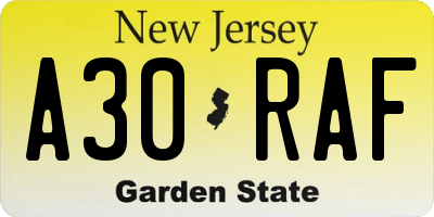 NJ license plate A30RAF