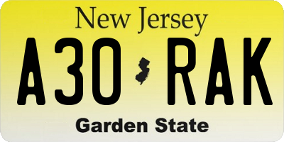 NJ license plate A30RAK