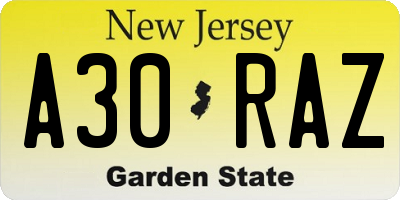 NJ license plate A30RAZ