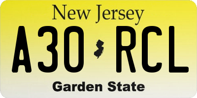 NJ license plate A30RCL