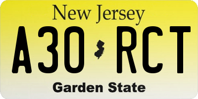 NJ license plate A30RCT