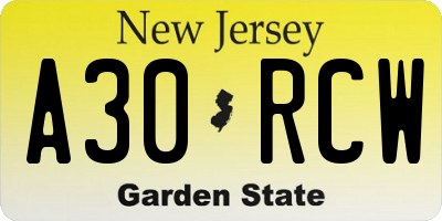 NJ license plate A30RCW