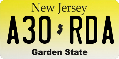 NJ license plate A30RDA