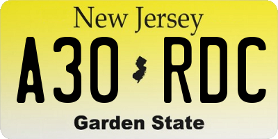 NJ license plate A30RDC