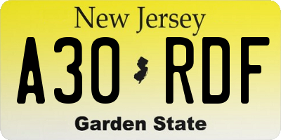 NJ license plate A30RDF