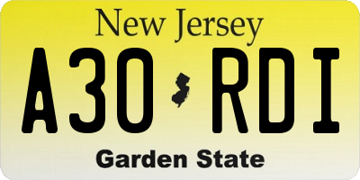 NJ license plate A30RDI