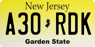NJ license plate A30RDK
