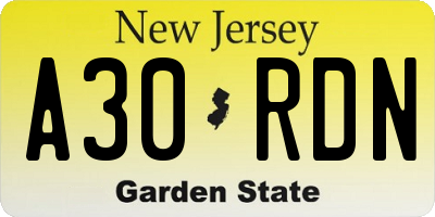 NJ license plate A30RDN