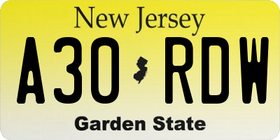 NJ license plate A30RDW