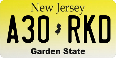 NJ license plate A30RKD
