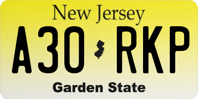 NJ license plate A30RKP